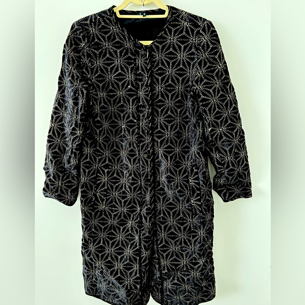 Black Velvet Round Neck 3/4 Length Coat with gold embroidery from Anthropologie
